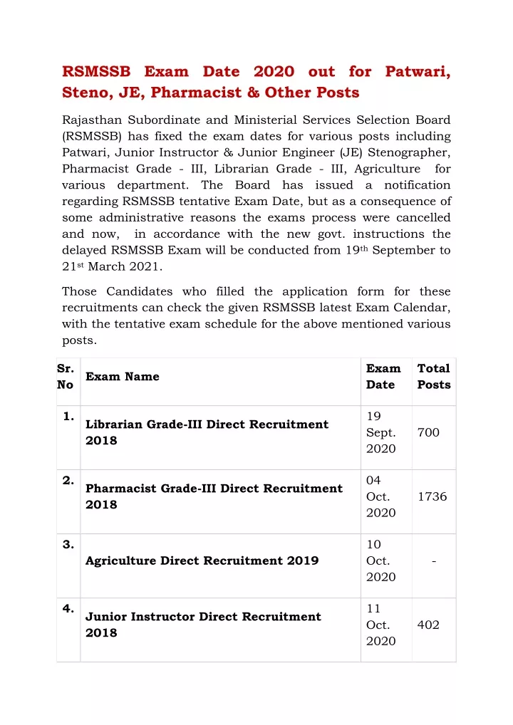 rsmssb exam date 2020 out for patwari steno