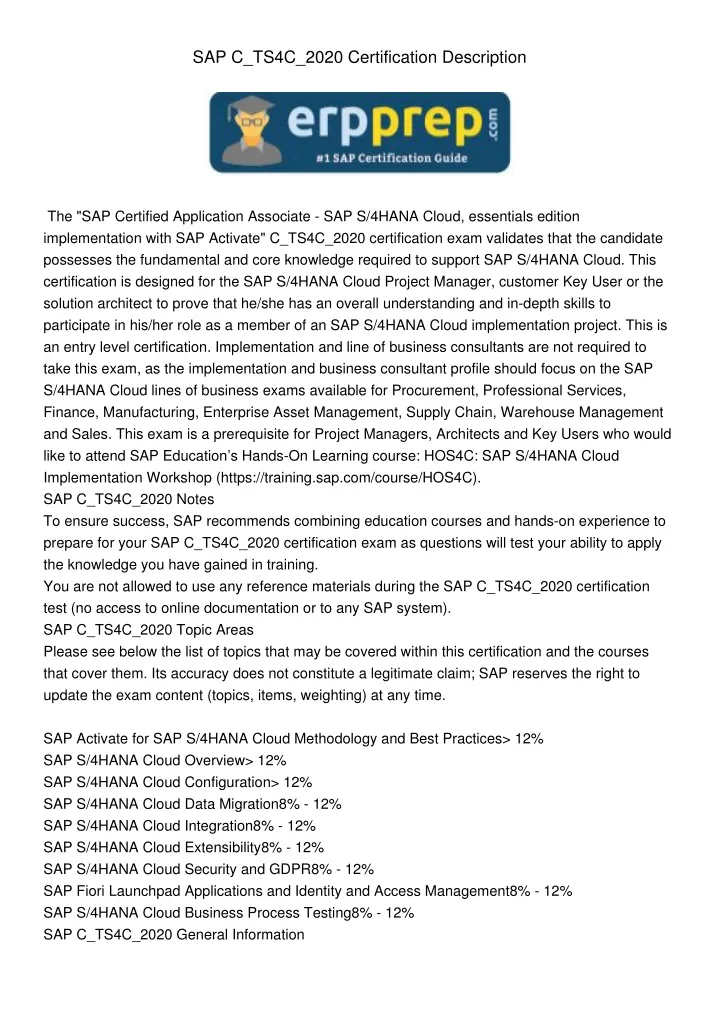 sap c ts4c 2020 certification description