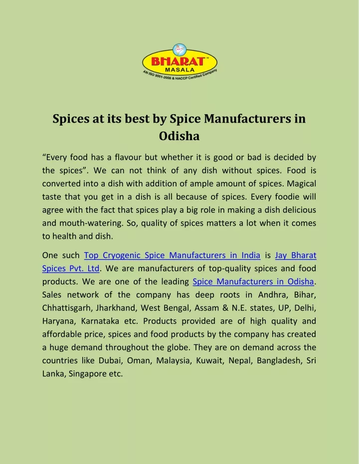 spices at its best by spice manufacturers