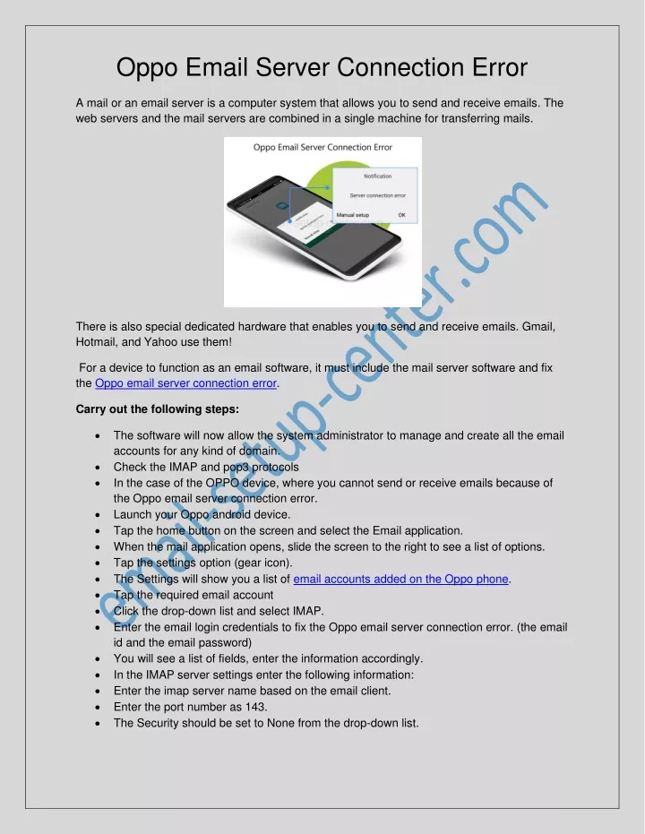 oppo email server connection error