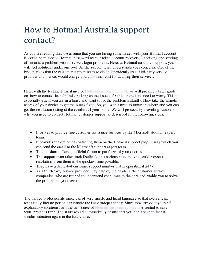 how to hotmail australia support contact
