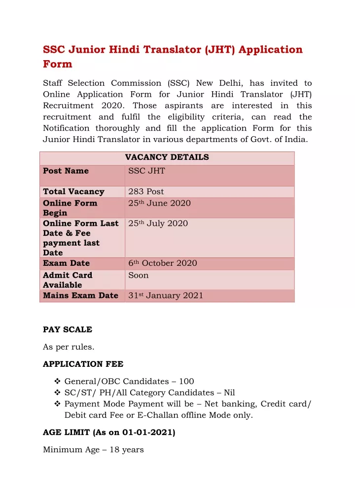 ssc junior hindi translator jht application form