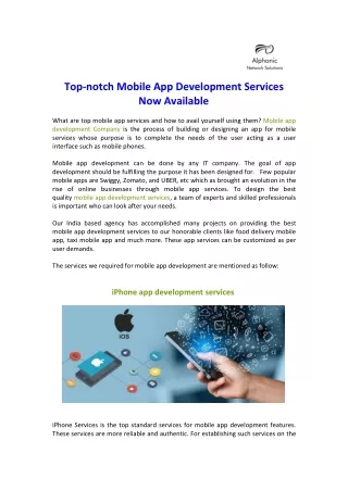 Top-notch Mobile App Development Services Now Available
