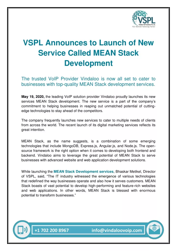 vspl announces to launch of new service called
