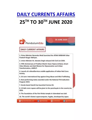 daily currents affairs 25 th to 30 th june 2020