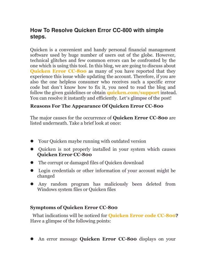how to resolve quicken error cc 800 with simple
