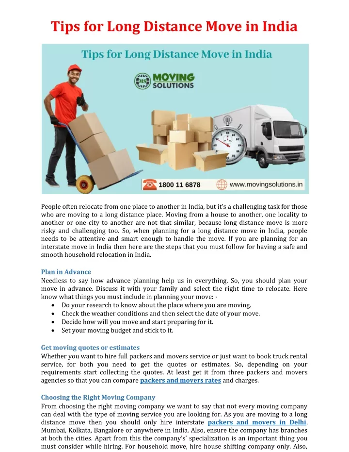 tips for long distance move in india