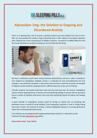 Alprazolam 1mg: the Solution to Ongoing and Disordered Anxiety