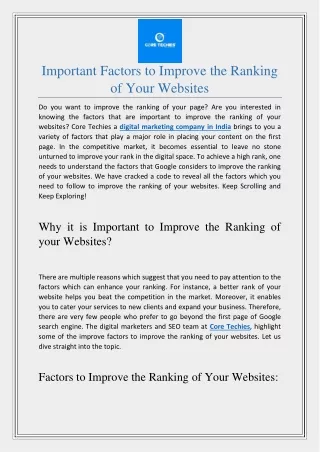 Important Factors to Improve the Ranking of Your Websites