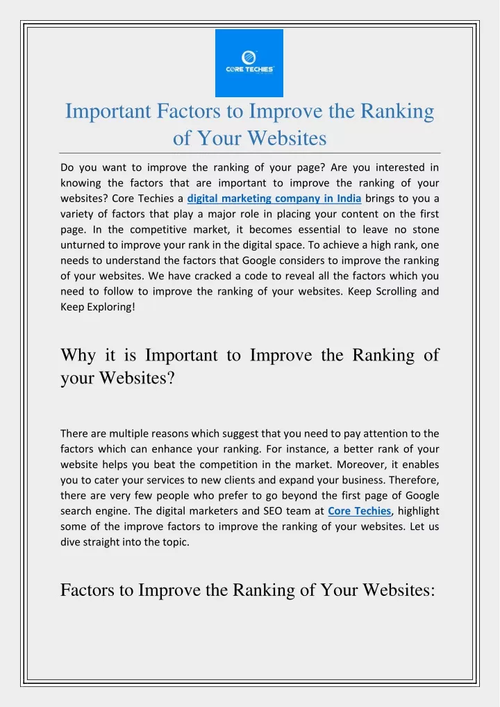 important factors to improve the ranking of your