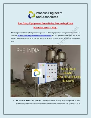Buy Dairy Equipment From Dairy Processing Plant Manufacturers