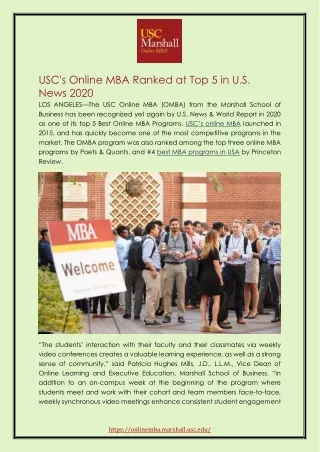 USC's Online MBA Ranked at Top 5 in U.S. News 2020