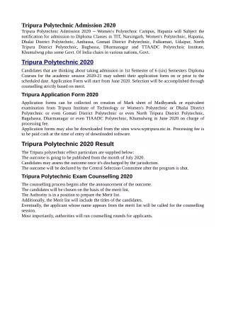 Tripura Polytechnic Admission 2020