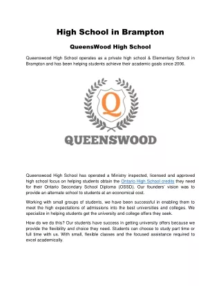 Queenswood Virtual High School in Brampton Ontario
