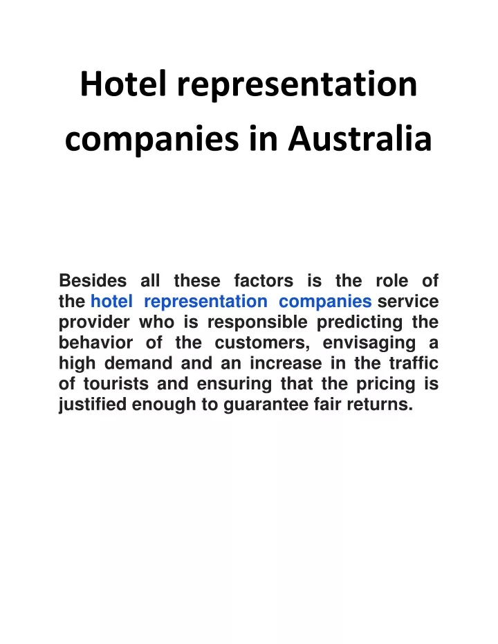 hotel representation companies in australia