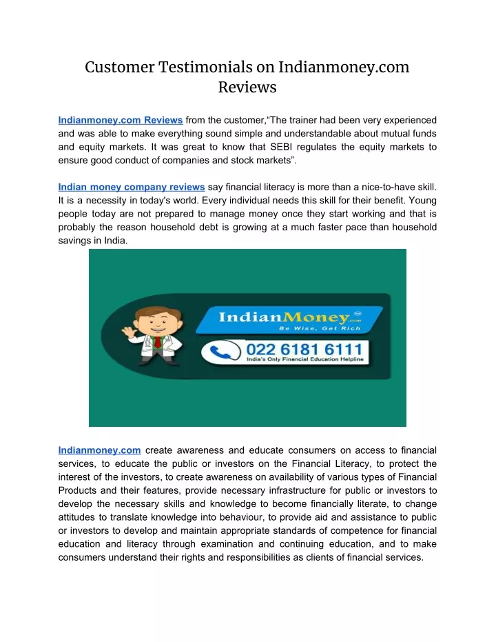 customer testimonials on indianmoney com reviews