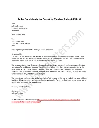 Police Permission Letter Format for Marriage in Lockdown COVID-19