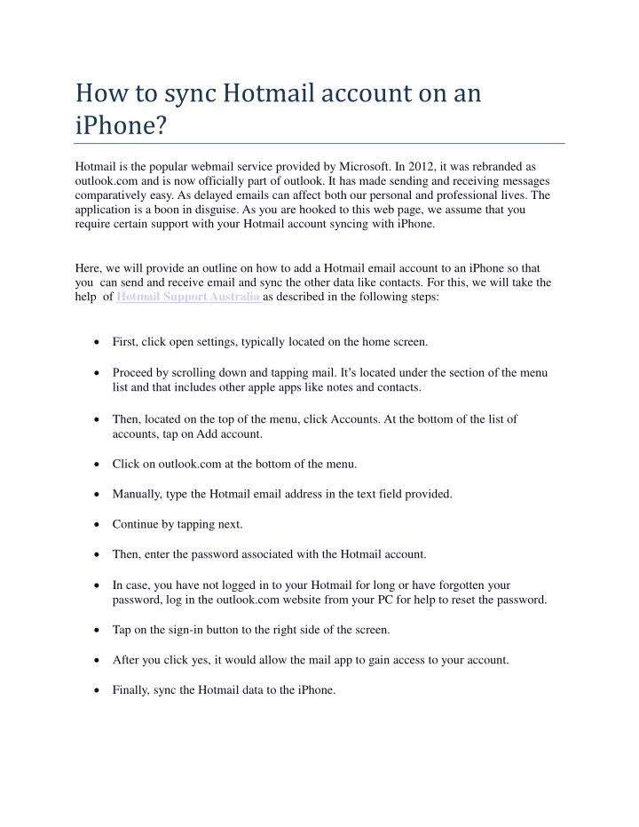 how to sync hotmail account on an iphone