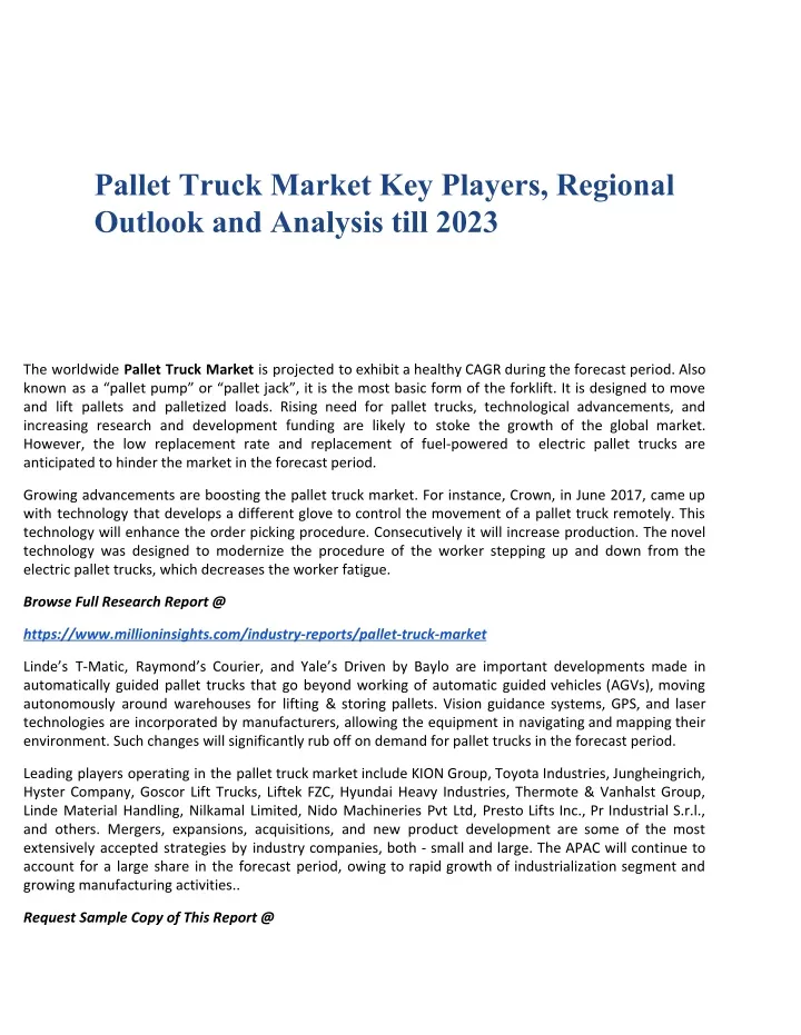pallet truck market key players regional outlook