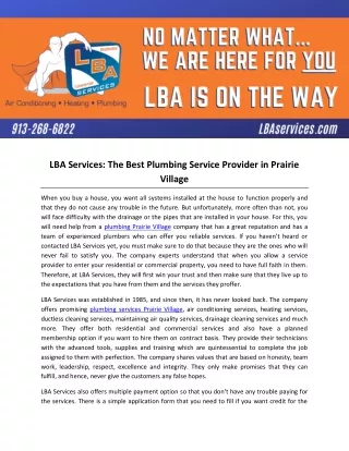 LBA Services: The Best Plumbing Service Provider in Prairie Village