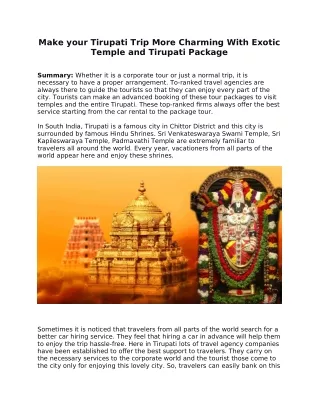 Make your Tirupati Trip More Charming With Exotic Temple and Tirupati Package