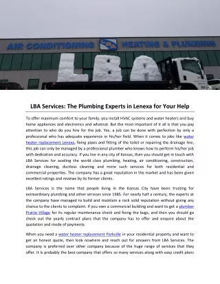 LBA Services: The Plumbing Experts in Lenexa for Your Help