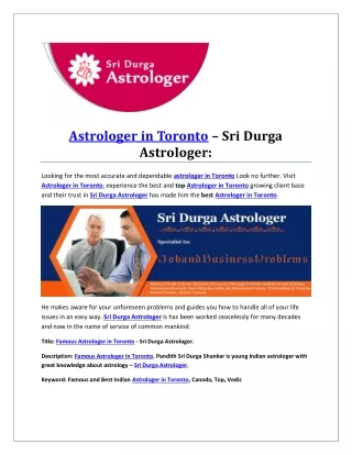 Astrologer in Toronto – Sri Durga Astrologer: