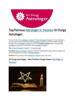 Top/Famous Astrologer in Toronto–Sri Durga Astrologer:
