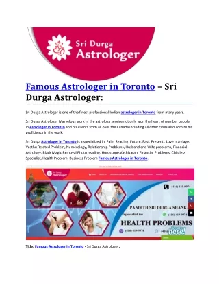 Famous Astrologer in Toronto – Sri Durga Astrologer: