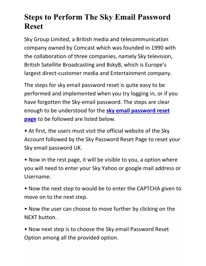 steps to perform the sky email password reset