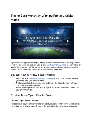 Tips to Earn Money by Winning Fantasy Cricket Match