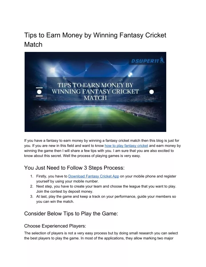 tips to earn money by winning fantasy cricket