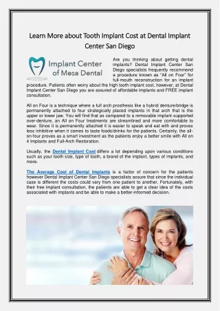 Learn More about Tooth Implant Cost at Dental Implant Center San Diego