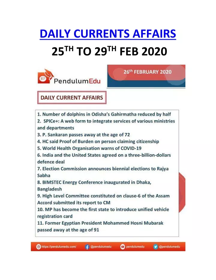 daily currents affairs 25 th to 29 th feb 2020