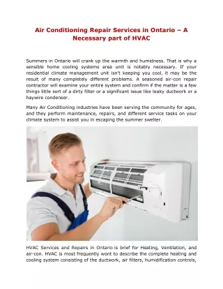 Air Conditioning Repair Services in Ontario – A Necessary part of HVAC