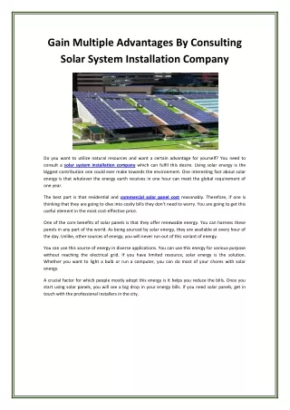 Gain Multiple Advantages By Consulting Solar System Installation Company