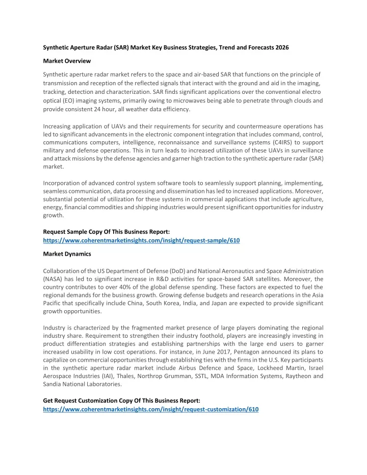 synthetic aperture radar sar market key business