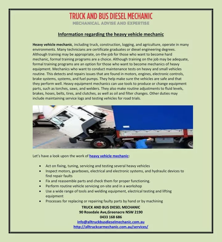 information regarding the heavy vehicle mechanic