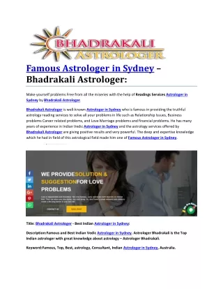 Famous Astrologer in Sydney – Bhadrakali Astrologer: