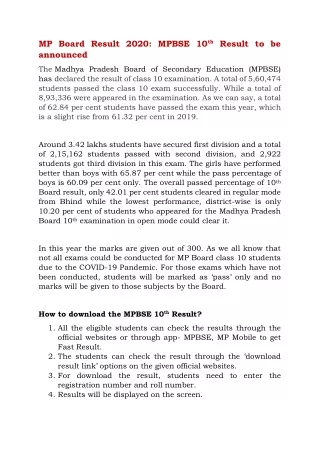 mp board result 2020 mpbse 10 th result