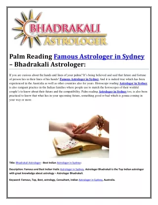Palm Reading Famous Astrologer in Sydney – Bhadrakali Astrologer: