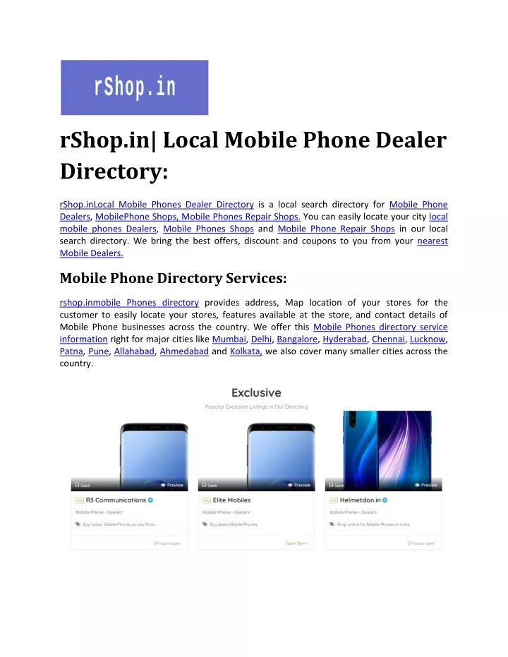 rshop in local mobile phone dealer directory