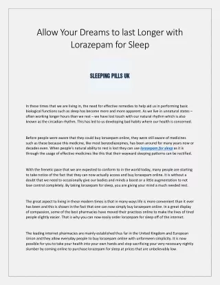 Allow Your Dreams to last Longer with Lorazepam for Sleep