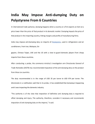 India May Impose Anti-dumping Duty on Polystyrene From 6 Countries