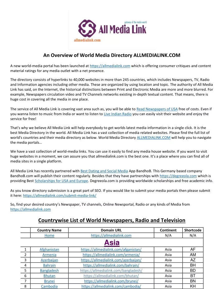 an overview of world media directory allmedialink