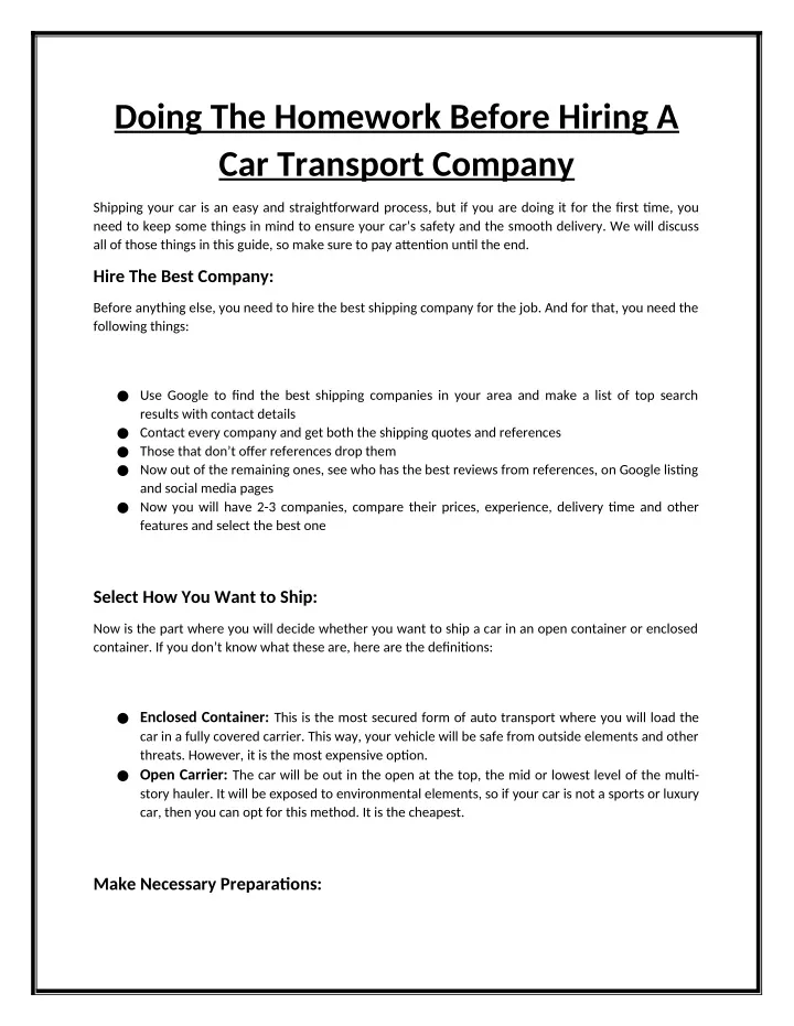 doing the homework before hiring a car transport