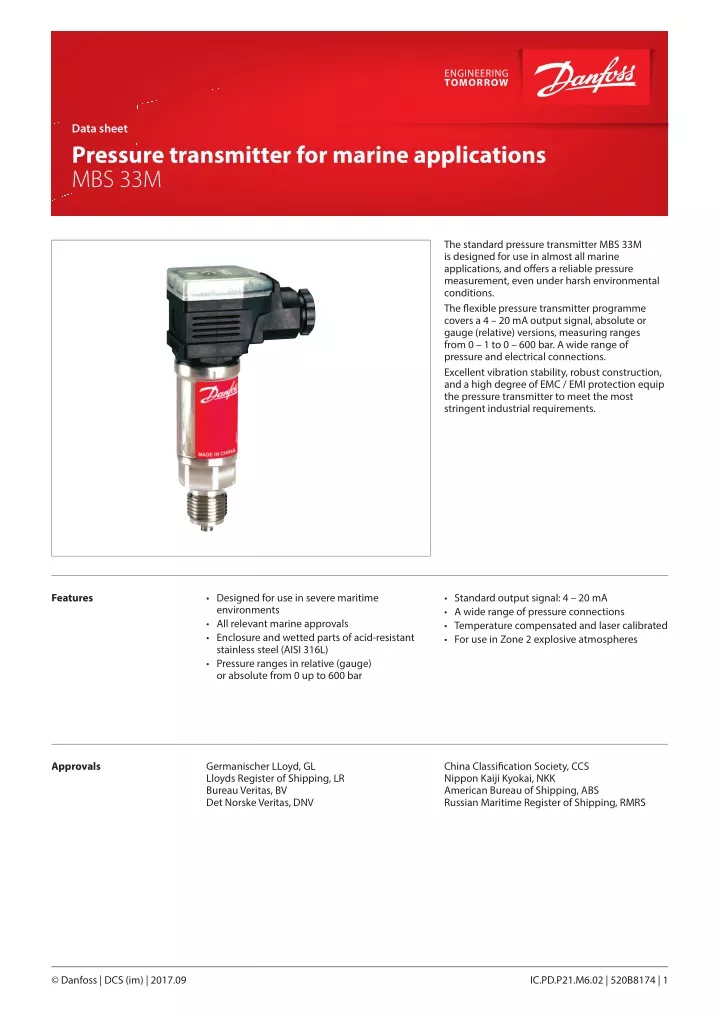 data sheet pressure transmitter for marine