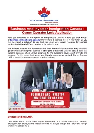 Business And Investor Immigration Canada: Owner Operator Lmia Application