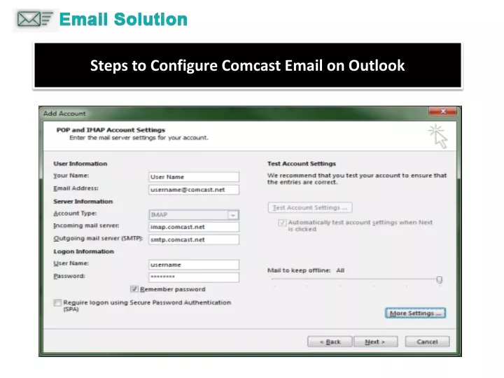 steps to configure comcast email on outlook