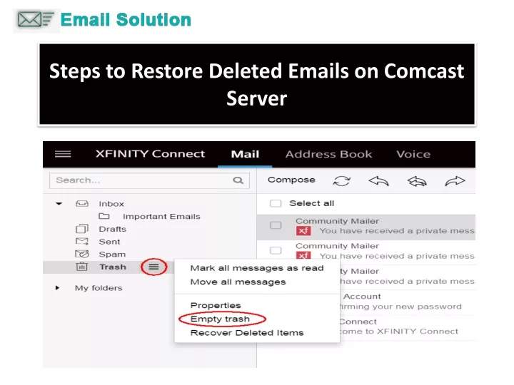 steps to restore deleted emails on comcast server